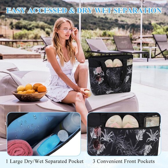 Women Black Coconut Tree Large Lightweight Zipper Travel Tote Separation Bag - Picture 4 of 7